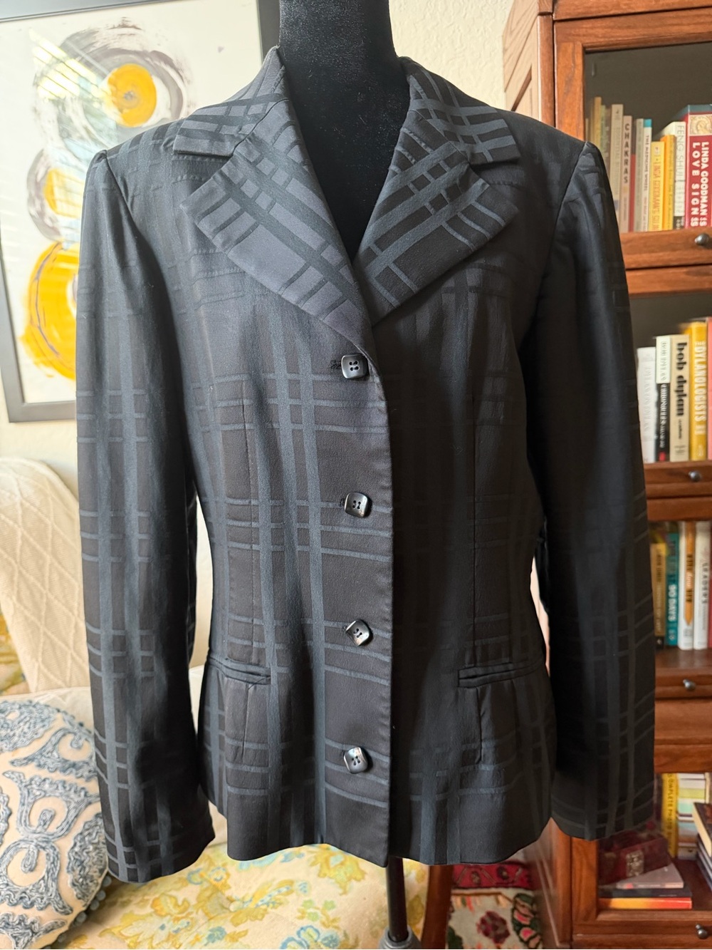Etcetera Black Tonal Plaid Jacquard Blazer Jacket Size 10